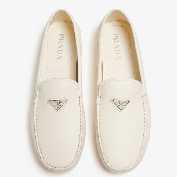 NWT Prada Men's Slip-on Loafers White Leather Logo Plaque Sz 7 - Picture 1 of 11